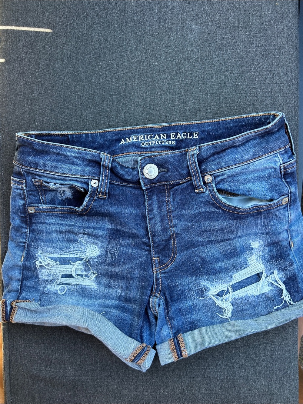 American Eagle Outfitters Blue Distressed Rolled-Hem Denim Shorts